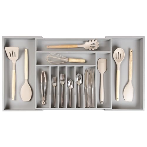 KitchenEdge Premium Silverware, Flatware and Utensil Organizer for Kitchen Drawers, Food-Safe Contract Grade, Expandable from 18 to 33 In, Gray Bamboo - color: Gray Bamboo, size: From 18" to 33" wide