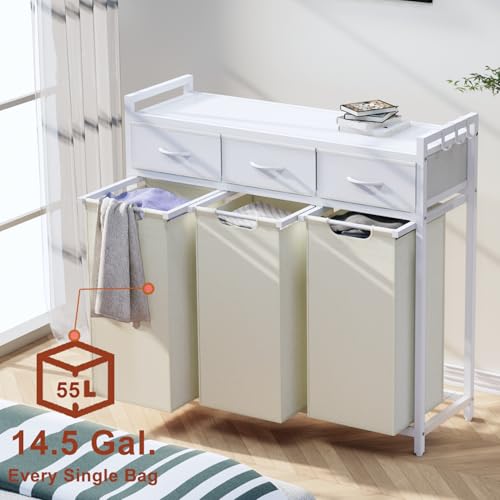 Timberer Laundry Hamper, Laundry Sorter 3 Section, Rolling Laundry Basket with Wheels, 3 Drawers, 3 × 14.5 Gal (55 L), Pull-Out and Removable Oxford Fabric Bags, White and Beige - color: White + Beige, size: 3 Bags (40.7"L x 12.9"W x 39.8"H)