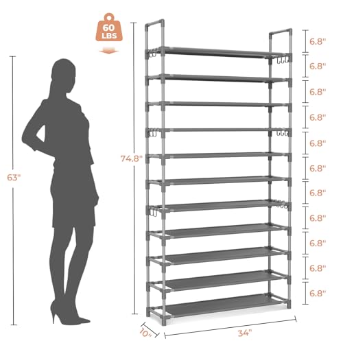 LANTEFUL 11 Tiers Tall Shoe Rack Holds 55 Pairs of Shoes with 18pcs Hooks Sturdy Wide Shoe Organizer Storage Free Standing Metal Shoe Shelf for Closet, Entryway Grey - color: Grey, size: 11 Tier-74.8" High-34" Wide