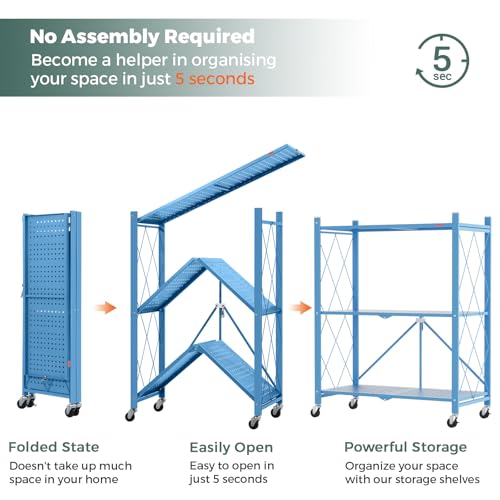 DEANIC 3 Tier Foldable Storage Shelves with Wheels, Kitchen Appliance Stand, Freestanding Metal Wire Shelf Rack, No Assembly Organizer Rolling Cart for Garage, Basement, Pantry(Blue) - color: Blue