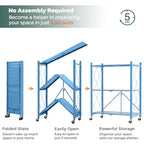 DEANIC 3 Tier Foldable Storage Shelves with Wheels, Kitchen Appliance Stand, Freestanding Metal Wire Shelf Rack, No Assembly Organizer Rolling Cart for Garage, Basement, Pantry(Blue) - color: Blue