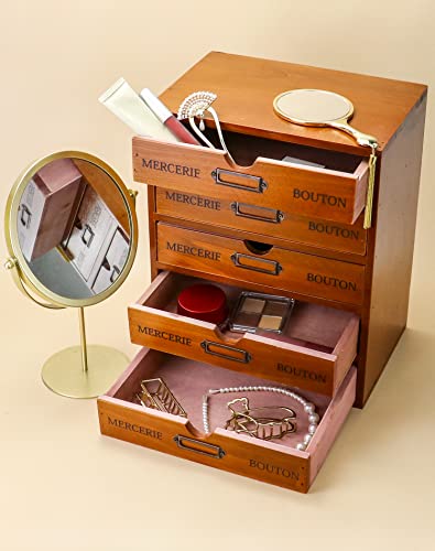 QWORK Vintage Wooden Home Office Desk Organizer with 5 Drawers - Rustic Desktop Storage Box for Jewelry, Cosmetics, Craft Paper & More