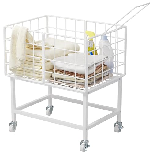WOWLIVE Rolling Laundry Hamper with Wheels, 80L Heavy Duty Laundry Basket with Handle, Metal Wire Frame Laundry Cart, Dirty Clothes Hamper Organizer Dorm Room Storage for Bedroom, Bathroom, White - color: White