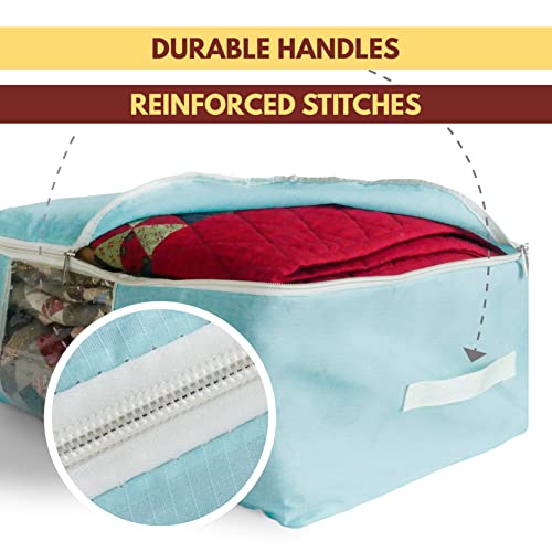 Madam Sew Quilt Blanket Storage Bag|Blanket Organizer|Comforter Storage for Clothes, Quilts, Bedding|Linen Bag Storage with Visible Front Panel, Strong Handles & 2-Way Zipper - Turquoise 22x15x8" - color: Turquoise