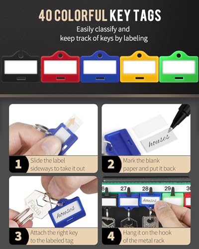 Uniclife 40 Position Key Cabinet with Combination Lock Resettable Black Digital Security Storage Box Steel Key Organizer with Adjustable Racks Colorful Key Tag Labels and Hooks - color: Black, size: 40 Keys