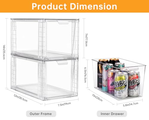 2Pack Large Stackable Kitchen Storage Drawers, Clear Foods Organizer Bins with Handles, Easily Assemble for Bathroom, Kitchen, Pantry, Cabinet, Closet(XL-UP Handle) - color: Up Handle, size: 2 Pack