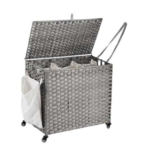 Laundry Hamper with Wheels, 34.3 Gallon(130L) Rolling Laundry Basket with Lid, 3-Section Rattan Clothes Hamper with 3 Removable Liner & 3 Mesh Bags, Laundry Sorter with Side Pocket, Grey - color: Grey, size: 130L（23.62 x 15.75 x 21.65 Inches）
