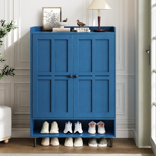 ComfyCorner Blue 7+1 Tier Farmhouse Shoe Storage Cabinet - 45" Tall Entryway Organizer with Cross Molding Doors, 3 Adjustable Shelves & Metal Legs, Shoe Rack for Front Door Entrance - color: Blue