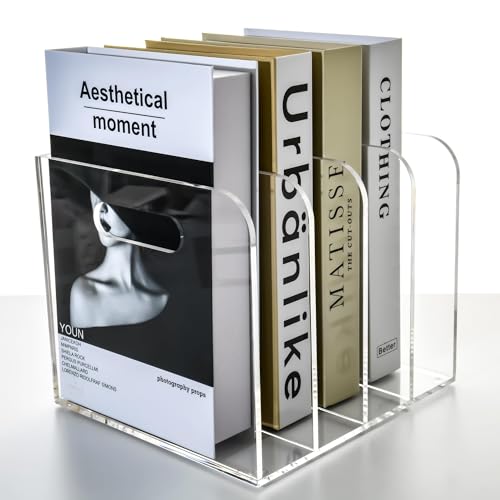 Acrylic File Holder for Desk - 4 Slot Vertical Magazine Organizer & Bookend - Clear Document Sorter Rack for Folders, Binders, Notebooks & Reports - Non-Slip Office Desktop Storage Sorter - size: A4, 4 Sections