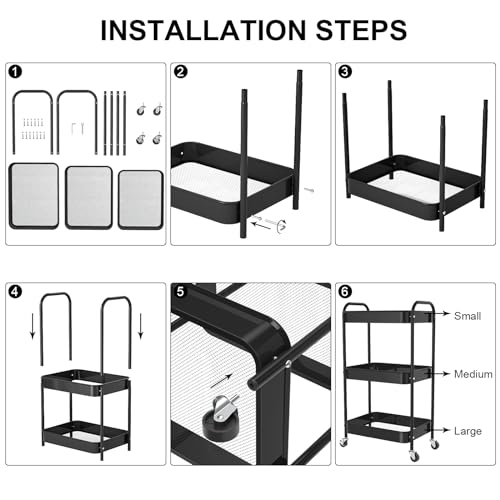 3-Tier Rolling Metal Storage Cart with Wheels, Multi-Functional Organizer for Office, Kitchen, Bathroom, Books Diapers - Easy Assembly (Black) - color: Black