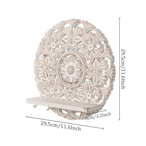 11.6-inch Round Mandala Key Holder for Wall - White Vintage Floral Key Holder with Hooks & Shelf - Farmhouse Decorative Entryway Organizer for Keys, Masks & Mail - Rustic Boho Wall Decor
