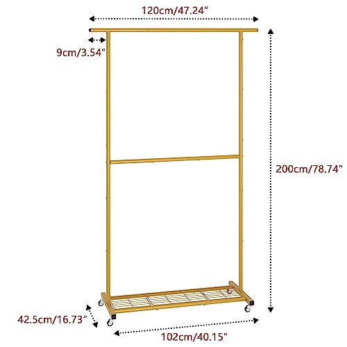Sywhitta Double Rod Clothing Garment Rack, Rolling Coat Hanger with Bottom Mesh, Clothing Rack for Hanging Clothes, Coats, Skirts, Sweaters, Gold - color: Gold, size: With mesh