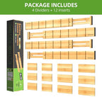 ANTOWIN 4 Pack Expandable Drawer Dividers, 2.2'' High, Extend from 17'' to 22'', Dresser Drawer Organizers, Bamboo Separators for Kitchen, Bedroom, Office, Bathroom, with 12 Pack Divider Inserts