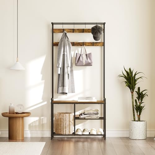 YATINEY Coat Rack Shoe Bench, 4-in-1 Hall Tree with Storage Shelves and Hanging Rod, Entryway Storage Organizer with 8 Movable Hooks, for Entryway, Hallway, Corridor, Rustic Brown and Black MT12BR