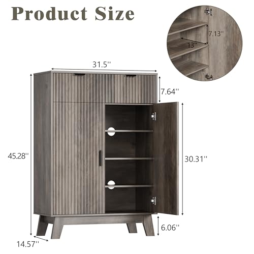HUANLEGO Shoe Cabinet Storage for Entryway, 4 Tier Fluted Shoe Storage Cabinet with 2 Drawers, Narrow Hidden Shoe Organizer with Adjustable Shelves, Freestanding Shoe Rack for Entryway, Hallway, Grey - color: Grey, size: 4 Tier