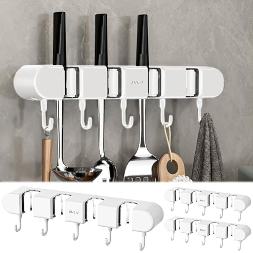 3PCS Broom Holder Wall Mount, No-Drilling Self-Adhesive Mop and Broom Storage Rack (4 Racks with 5 Hooks),Wall-Mounted Broom Hanger for Bathroom, Kitchen, Closet, Garage (White) - color: White