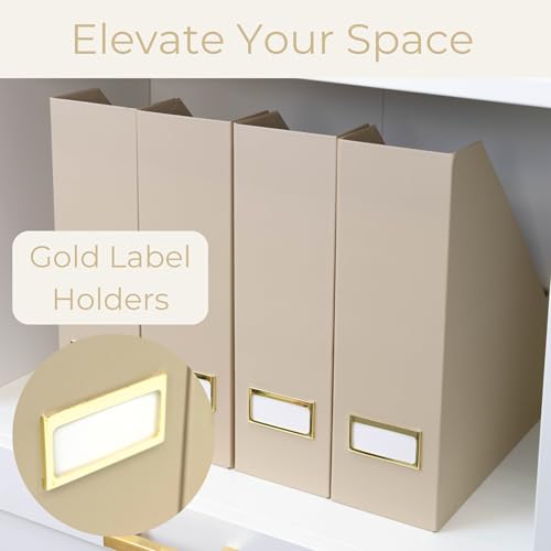 BLU MONACO | Set of 6 Foldable Taupe Magazine File Holders with Label Holders | Vertical File Organizer & File Storage Boxes for Desk, Shelves & Home Office - color: Taupe