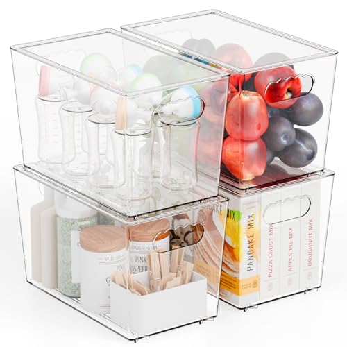 Yieach 4 Pack Large Stackable Clear Storage Bins with Lids,BPA FREE Pantry Organizers and Storage with Handle,Plastic Containers Organization and Storage for Kitchen,Refrigerator,Closet Organization - size: Pack of 4