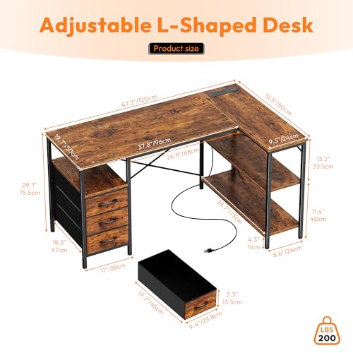 Alpen L Shaped Computer Desk, 47 Inch Corner Desk with Drawers and Power Outlets, Home Office Desk for Gaming, Study Writing PC Table with Storage and Reversible Shelf, Rustic Brown - color: Rustic Brown, size: 47 Inches