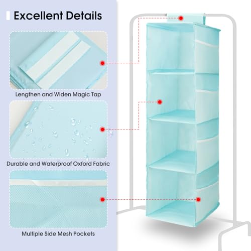 PetsHome 4-Shelf Hanging Closet Organizer, Space Saver, Closet Hanging Storage Shelves with Mesh Pockets & Magic Tap for Storage, Foldable-Blue - color: Blue, size: 4 Shelf