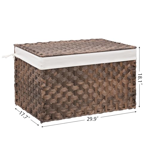Wicker Storage Basket with Lid, 42.3 Gallon (160L) Large Blanket Basket with Lid, Woven Storage Bin with Handles, Removable Liner, Metal Frame, Foldable, for Bedroom, Laundry Room, Brown - color: Brown, size: 160L:17.7 x 29.9 x 18.1 Inches