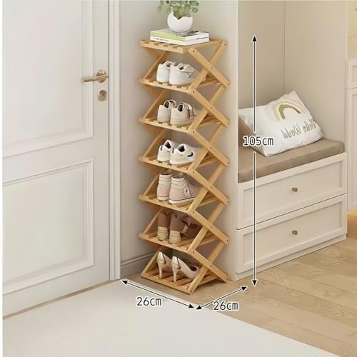Foldable Shoe Rack, Bamboo Vertical Shoe Organizer Tall for Small Spaces. Multifunctional Narrow Shoe Shelf for Entryway, Closet, Corner, Bedroom, Hallway, Wood Color 7 Layers - size: 7th floor