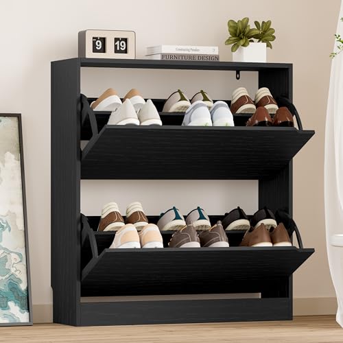 BORNOON Shoe Cabinet with 2 Flip Drawers, Slim Narrow Shoe Storage Cabinet, Freestanding Shoe Organizer with Adjustable & Removable Shelves, Top Display Shelf for Entryway, Hallway, Foyer, Closet - color: Black, size: 2-Drawer