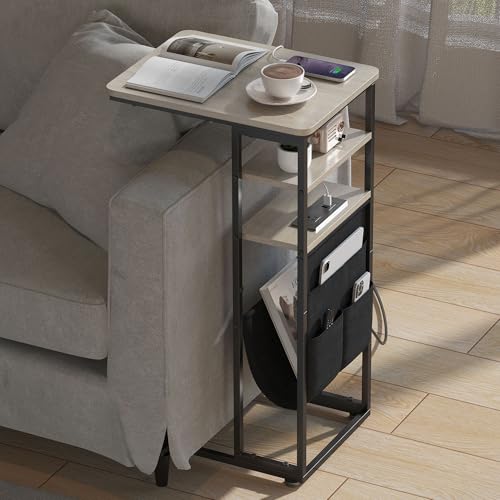 C Shaped End Table with Charging Station, 28"(H) 3-Tier C Table with Storage Bag, Under Couch Table C-Shaped End Table with Storage Shelves and Bag for Living Room, Bedroom, or Office - color: Oak, size: Wood--with Socket