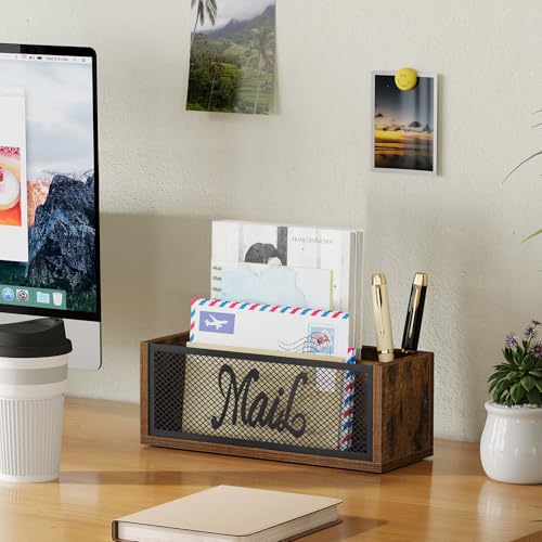 YINMIT Mail Organizer Countertop, Mail Holder with 2 Slots, Mail Holder for Desk, Desk Mail Organizer, Mail Basket for Wall Table Countertop, Envelope Holder for Home Office - color: Rustic Brown
