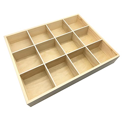 1 Pcs 13.4''x10.6''x2'' Wooden Storage Divider Box Showcase Display Box Organization Tray Display Holder Tabletop Drawer with 12 Compartments for Home Craft Office Kitchen Storage - color: Natural Wood, size: 12 Compartments