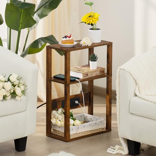YUFAM 3-Tier Small Narrow Wood Side Table with Charging Station, Skinny Nightstand for Small Space, Slim Bedside Table with Storage for Couch, Thin End Table with USB Ports and Outlets, Rustic Brown - color: Brown, size: 1 Pack