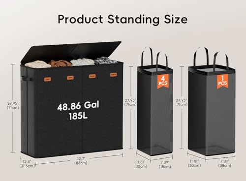 Laundry Hamper 4-Section with Lid, 185L Laundry Sorter with 4 Removable Bags + 1 Extra Large Bag, Switchable 3/4 Compartment, Laundry Basket Organizer for Bedroom, Laundry Room，Black - color: Black, size: 185L - 4 Section