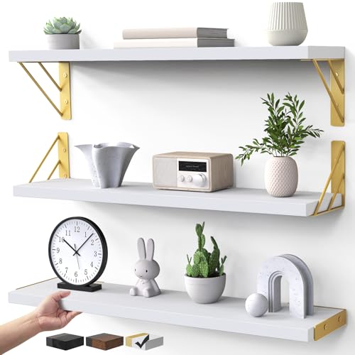 BAYKA Wall Shelves for Bedroom Decor, Floating Shelves for Living Room Kitchen Storage, Wall Mounted Rustic Wood Shelves for Kids Books,Corner Shelves for Bathroom(White and Gold，23in，Set of 3) - color: B. White Board & Gold Brackets, size: 23-inch Standa