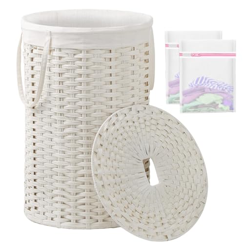 SETVSON Large Laundry Hamper Laundry Basket Round 34.3 Gal (130 L) Handwoven Wicker Laundry Baskets Rattan Laundry Basket with Laundry Bag Handles 2 Mesh Bags for Living Room Bedroom White - color: White, size: 130L