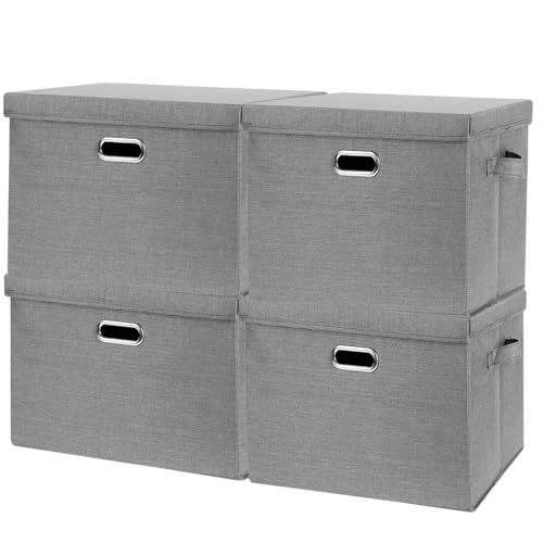 SNWDN 4 Pack Collapsible Fabric Storage Bins with Lids Fabric storage box with lids for closet organizers and storage (grey 14.6x10.6x10.2 inches) - color: grey, size: Medium（4-Pack 14.6*10.6*10.2 Inches）