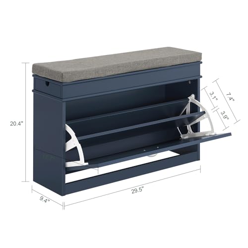 Haotian Shoe Storage Bench with Cushion, Navy Narrow Shoe Rack for Entryway, Small Shoe Cabinet with Flip-Drawer, Closet Hallway Mudroom FSR82-L-B - color: Navy, size: 1 Drawer:29.5x9.4x20"