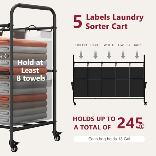 Tajsoon 5 Bag Laundry Sorter Cart, 5 Section Laundry Hamper with Heavy Duty Rolling Lockable Wheels, Laundry Basket Organizer with Removable Bags for Dirty Clothes Storage, Black - color: Black