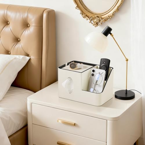 PU Leather Square Tissue Box Cover with Magnetic Closure, Tissue Holder with Storage Tray & Remote Control Organizer, for Nightstand, Living Room, Bathroom, Office Desk (White) - color: White