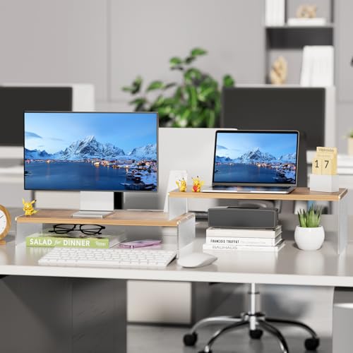 Adjustable Monitor Stand Riser with Acrylic Legs丨7.67" Wide Dual Monitor Stand for Desk丨2-Tier Wood Desktop Organizer for Computer, Laptop, Printer & PC丨Modern Aesthetic Desk Shelf(wood-glacial striae) - color: wood-glacial striae, size: 7.67' W*19.3L