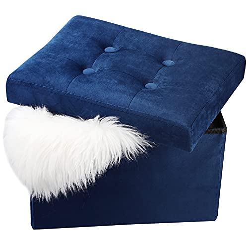 LINMAGCO Small Velvet Ottoman with Storage Rectangle Foot Rest Under Desk Stool for Room Folding Ottoman Furniture with Button turfted-Navy 16X12X12IN - color: Navy(velvet), size: 16"X12"X12"