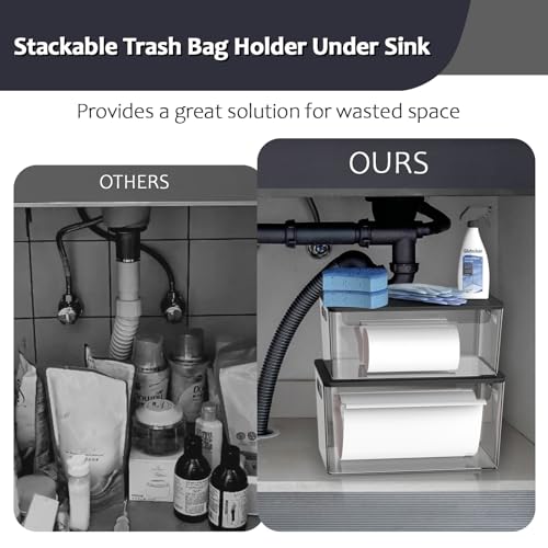 COAZEX 2 Pack Trash Bag Holder Under Sink Stackable, Plastic Garbage Bag Dispenser with Lid, Trash Bag Storage Dispenser Roll Holder for Kitchen, Pantry, Laundry Room Organization (Black Lid) - color: C-Clear(Black Lid)