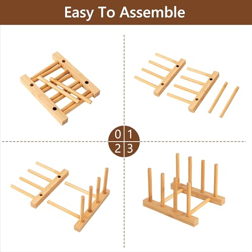 HBlife Bamboo Dish Plate Bowl Cup Book Pot Lid Cutting Board Drying Rack Stand Drainer Storage Holder Organizer Kitchen Cabinet（Keep Dry） - color: Bamboo 3 Slots 1pcs