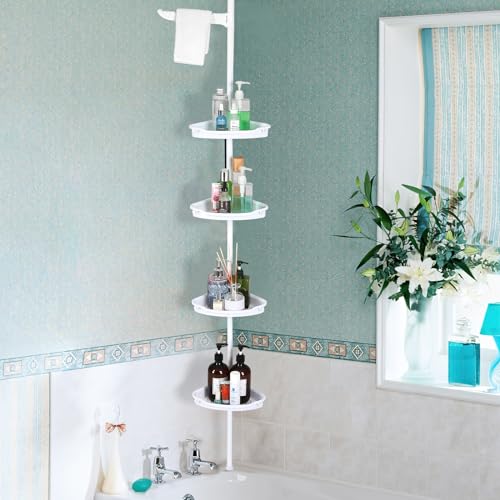 No-Drill Corner Shower Caddy Tension Pole, Rust-Resistant Bathroom Storage Organizer with 4-Tier Adjustable Shelves & Rubber Pad, 101.6''- 122'' Height, White - color: White