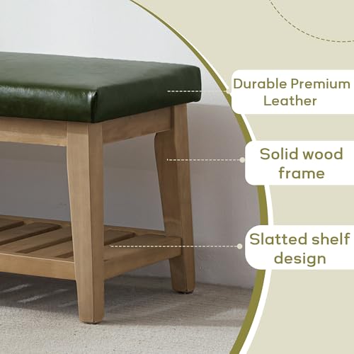 HUIMO Entryway Shoe Bench with Cushion, End of Bed Bench,Upholstered Bench for Kitchen, Bench with Solid Wood Shelf, Leather Ottoman Bench for Hallway, Living Room (PU-Green) - color: Pu-green