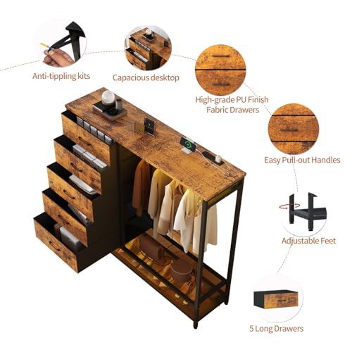 Dresser for Bedroom, Dresser with Hanging Rack Led Lights and Charging Station, Bedroom Dresser with 5 Fabric Chest of Drawers with PU Finish Storage Organizer, for Living Room Hallway Closet, Brown - color: Brown