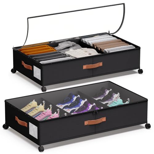 Under Bed Storage 2 Pack 66L, Rolling Containers with Wheels, Heavy Duty Metal Frame, 600D Oxford Fabric, Clear Lid, Adjustable Dividers for Clothes Shoes Blankets, Dorm Space Saving, Black