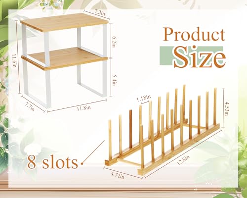 Marsui 4 Pcs Kitchen Organizer Accessories Set Cabinet Organizer Shelf and Bamboo Dish Drying Plate Rack Counter Shelves Storage Holder for Spice Rack, Dish, Pot Lid, Bowl, Cup(Wooden Color) - color: Wooden Color
