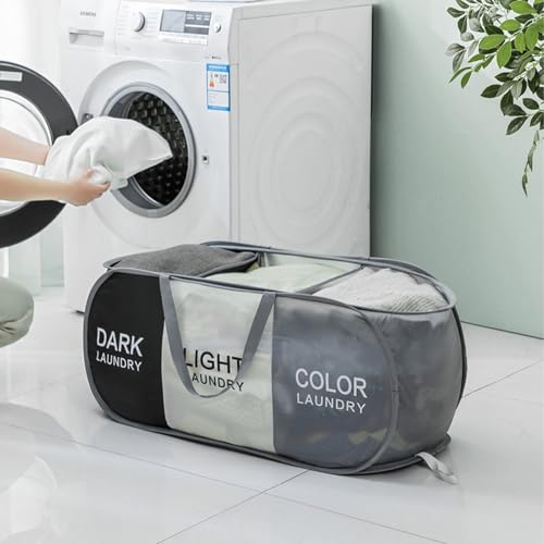 TECHMILLY Collapsible Laundry Basket Durable Pop Up Hamper with 2 Compartments for Sort and Storage, Portable Dirty Clothes Hamper for Dorm, Laundry Room or Travel (Black + Grey + Begie) - color: Black + Grey + Begie, size: 1 Pack