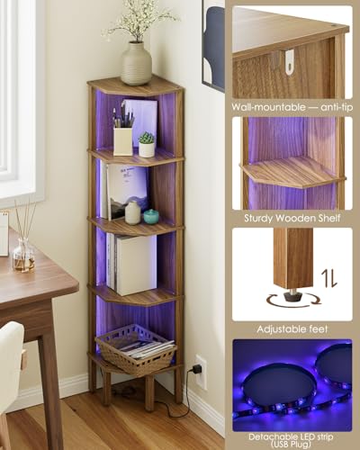 Corner Shelf Stand, 5 Tier Corner Bookshelf,Corner Furniture for Bedroom Display Corner Shelf for Small Space,Wood Shelves with Storage Rack for Living Room,Office,Walnut - color: Walnut