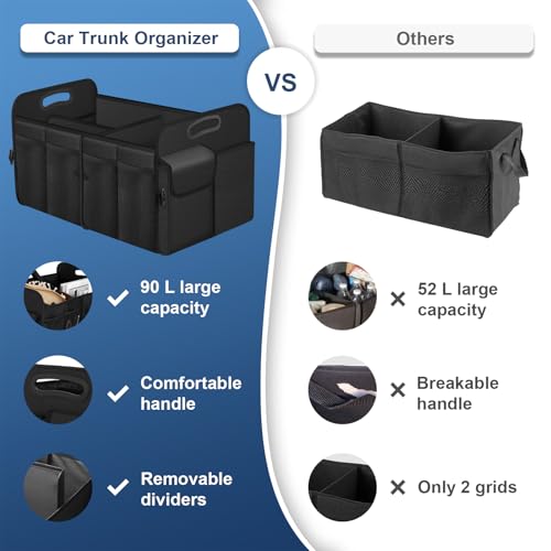 Femuar Car Trunk Organizer, Trunk Storage Organizer with 72L Large Capacity Waterproof Collapsible and 11 Pockets, Trunk Organizer for Suv/Jeep/Sedan, Large Size, Black - color: Black, size: Large